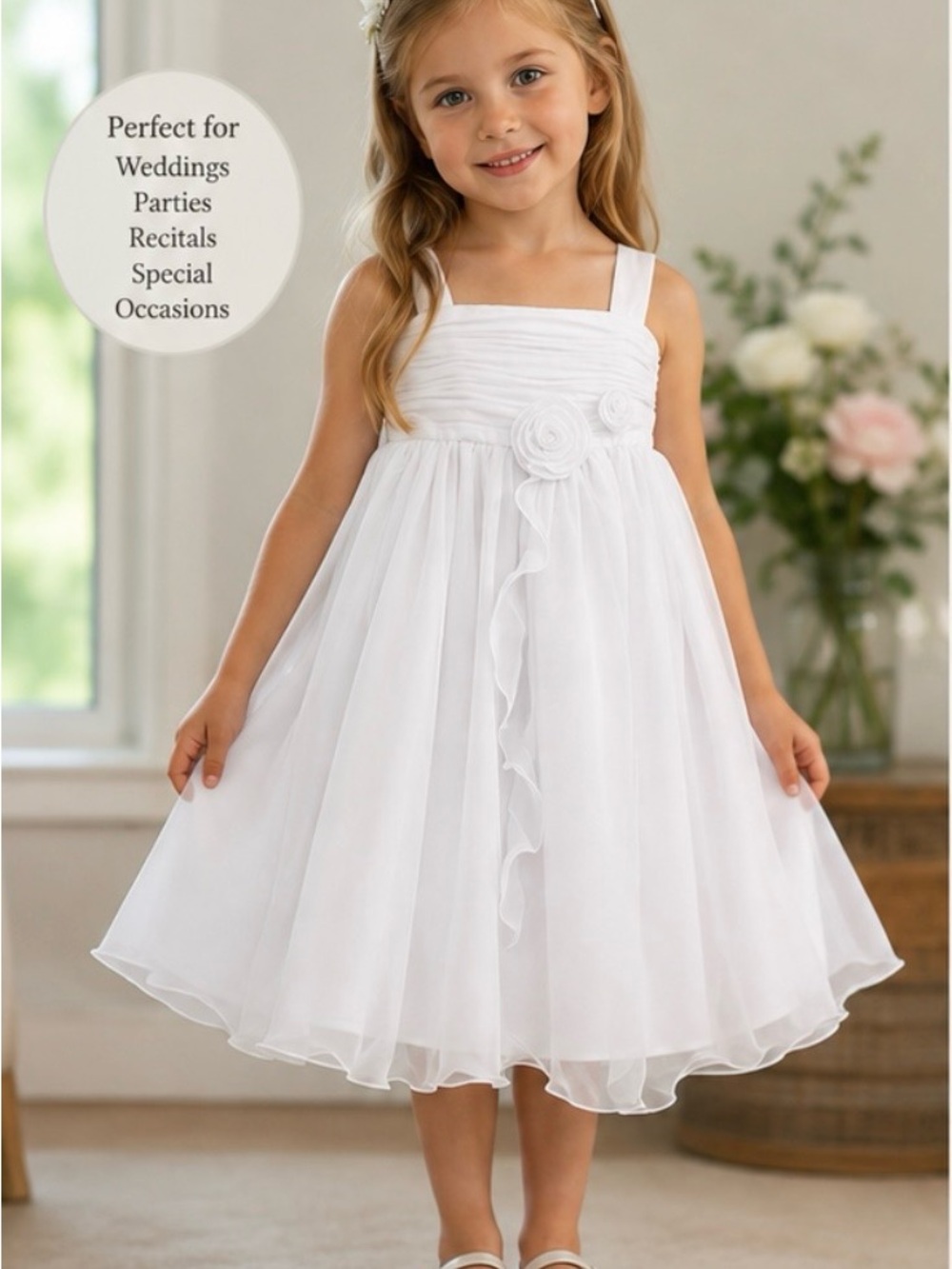 David’s Bridal White Flower Girl Dress Size 4 H1270 Organza 3D Flowers‎